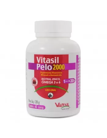 Vitasil Pelo 2000 Suplemento Vitamínico Para Cães e Gatos 120g 60 Comprimidos Vansil