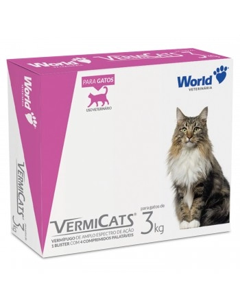 VermiCats 600mg Vermífugo para Gatos 3Kg 4 Comprimidos World