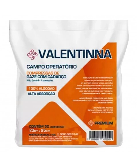 Campo Cirúrgico Algodão 23x25cm 8g com 50 Unidades Valentinna América