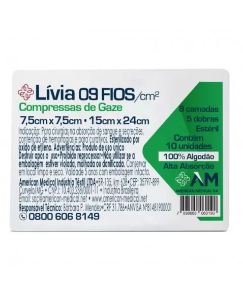 Compressa Gaze Hidrófila Estéril Algodão 9 Fios com 10 Unidades Livia America Medical